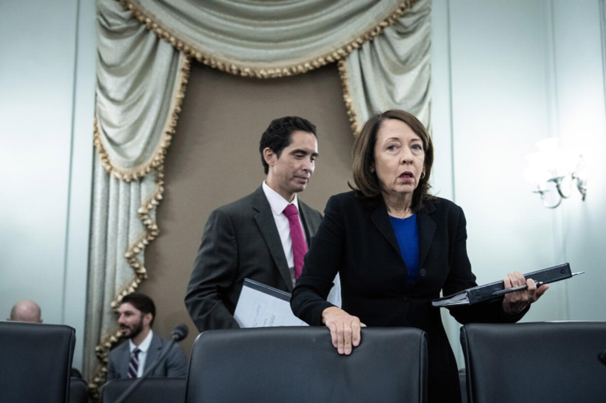 Committee chair Sen. Maria Cantwell (D-WA) arrives for a Senate Committee on Commerce, Science, and Transportation hearing to consider the confirmation of Michael Whitaker, nominee to be the next administrator of the Federal Aviation Administration (FAA), on Capitol Hill Oct. 4, 2023, in Washington, DC.