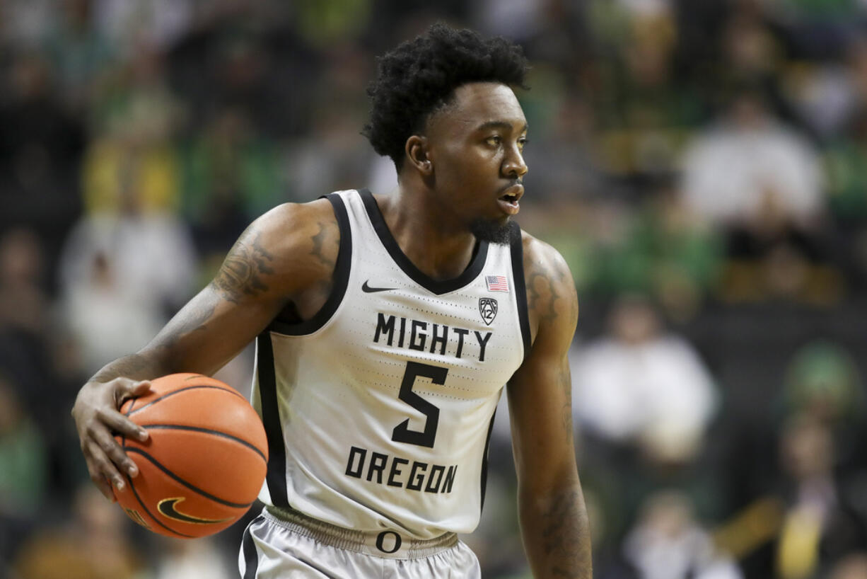 Oregon guard Jermaine Couisnard (5) scored 19 points Thursday, Jan. 25, 2024, as Oregon beat Arizona State 80-61.