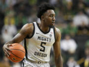 Oregon guard Jermaine Couisnard (5) scored 19 points Thursday, Jan. 25, 2024, as Oregon beat Arizona State 80-61.