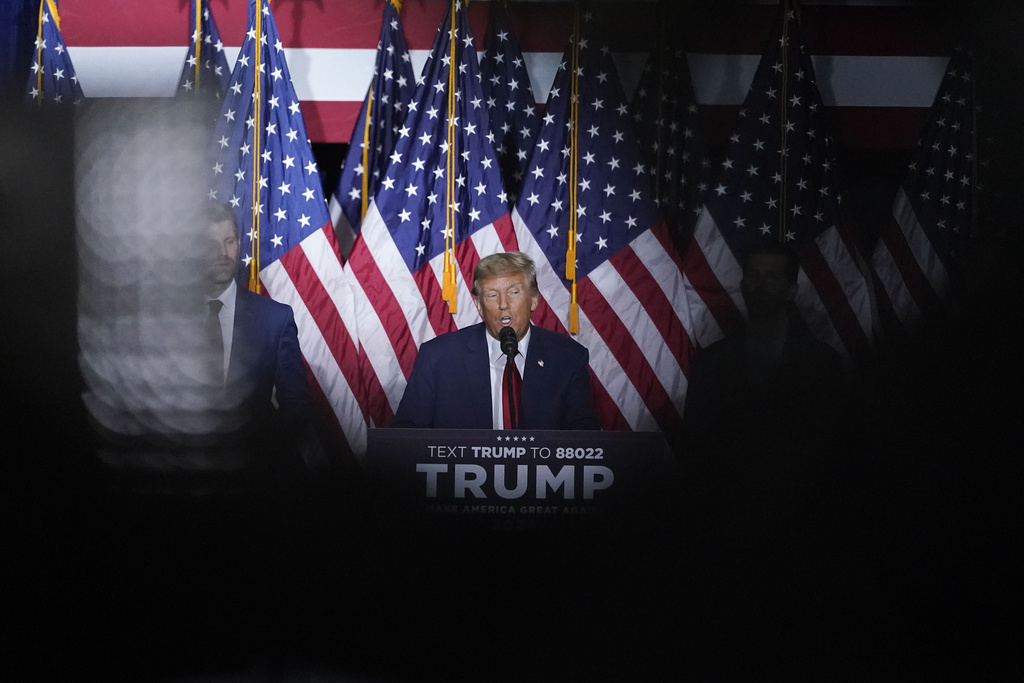 Republican presidential candidate former President Donald Trump speaks at a caucus night party in Des Moines, Iowa, Monday, Jan.