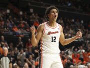 Oregon State forward Michael Rataj (12) reacts during an NCAA college basketball game against Arizona Thursday, Jan. 25, 2024, in Corvallis, Ore. Oregon State won 83-80.