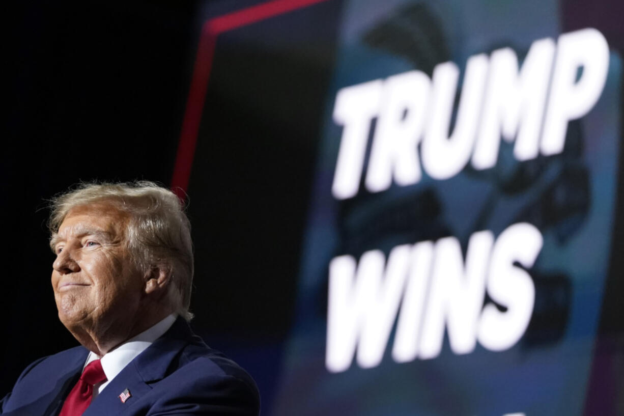 Republican presidential candidate former President Donald Trump speaks at a caucus night party in Des Moines, Iowa, Monday, Jan. 15, 2024.