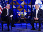 President Joe Biden speaks as he meets with Israeli Prime Minister Benjamin Netanyahu in October in Tel Aviv. More Americans think foreign policy should be a top focus for the U.S. in 2024.