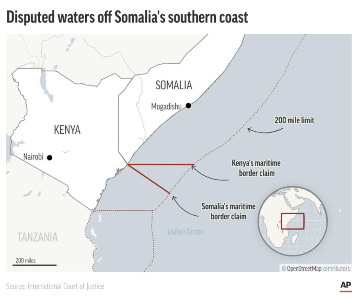 Map shows the Kenya-Somalia coastline and disputed area.