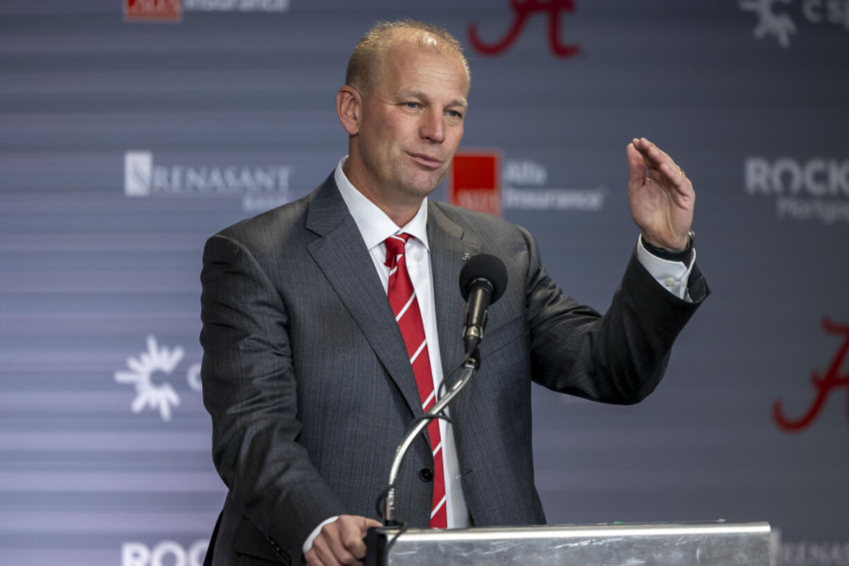 New Alabama football head coach Kalen DeBoer talks with the media in his introductory press conference at Bryant-Denny Stadium, Saturday, Jan. 13, 2024, in Tuscaloosa, Ala. DeBoer is replacing the recently retired Nick Saban.