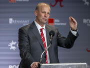 New Alabama football head coach Kalen DeBoer talks with the media in his introductory press conference at Bryant-Denny Stadium, Saturday, Jan. 13, 2024, in Tuscaloosa, Ala. DeBoer is replacing the recently retired Nick Saban.