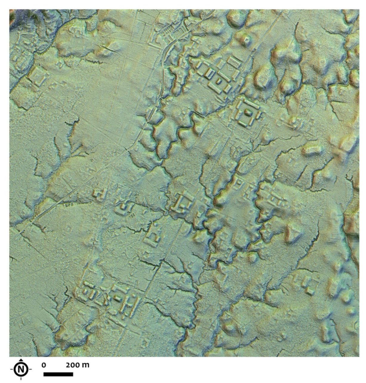 This LIDAR image provided by researchers in January 2024 shows a main street crossing an urban area, creating an axis along which complexes of rectangular platforms are arranged around low squares at the Copueno site, Upano Valley in Ecuador. Archeologists have uncovered a cluster of lost cities in the Amazon rainforest that was home to at least 10,000 farmers around 2,000 years ago, according to a paper published Thursday, Jan. 11, 2024, in the journal Science.