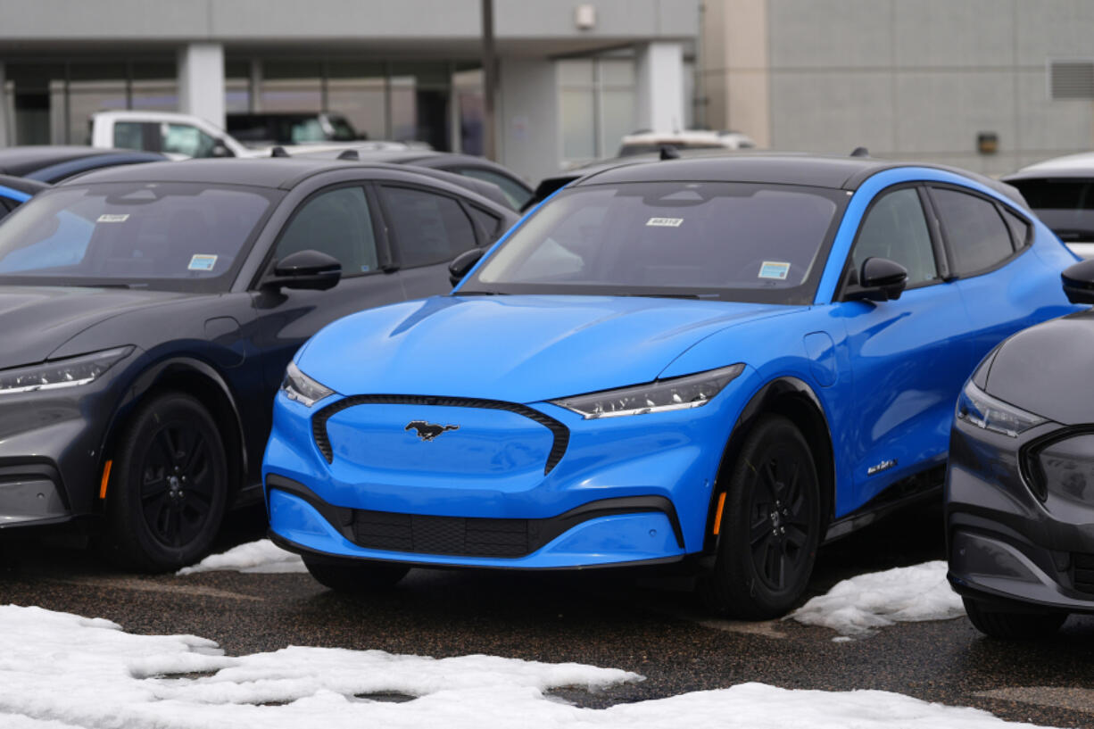 2024 Mustang Mach-E electric vehicles are displayed at a Ford dealership Sunday, Jan. 21, 2024, in Broomfield, Colo. More than 4,700 auto dealerships across the United States signed a letter to President Joe Biden on Thursday, urging the president once again to halt Environmental Protection Agency efforts to enforce stricter vehicle standards, weeks ahead of the agency&rsquo;s ruling on its tailpipe emissions proposal.