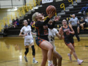 Ireland Albaugh of Washougal (22) goes up for a shot against Hudson’s Bay during a 2A Greater St. Helens League girls basketball game at Hudson’s Bay High School on Monday, Jan. 29, 2024.