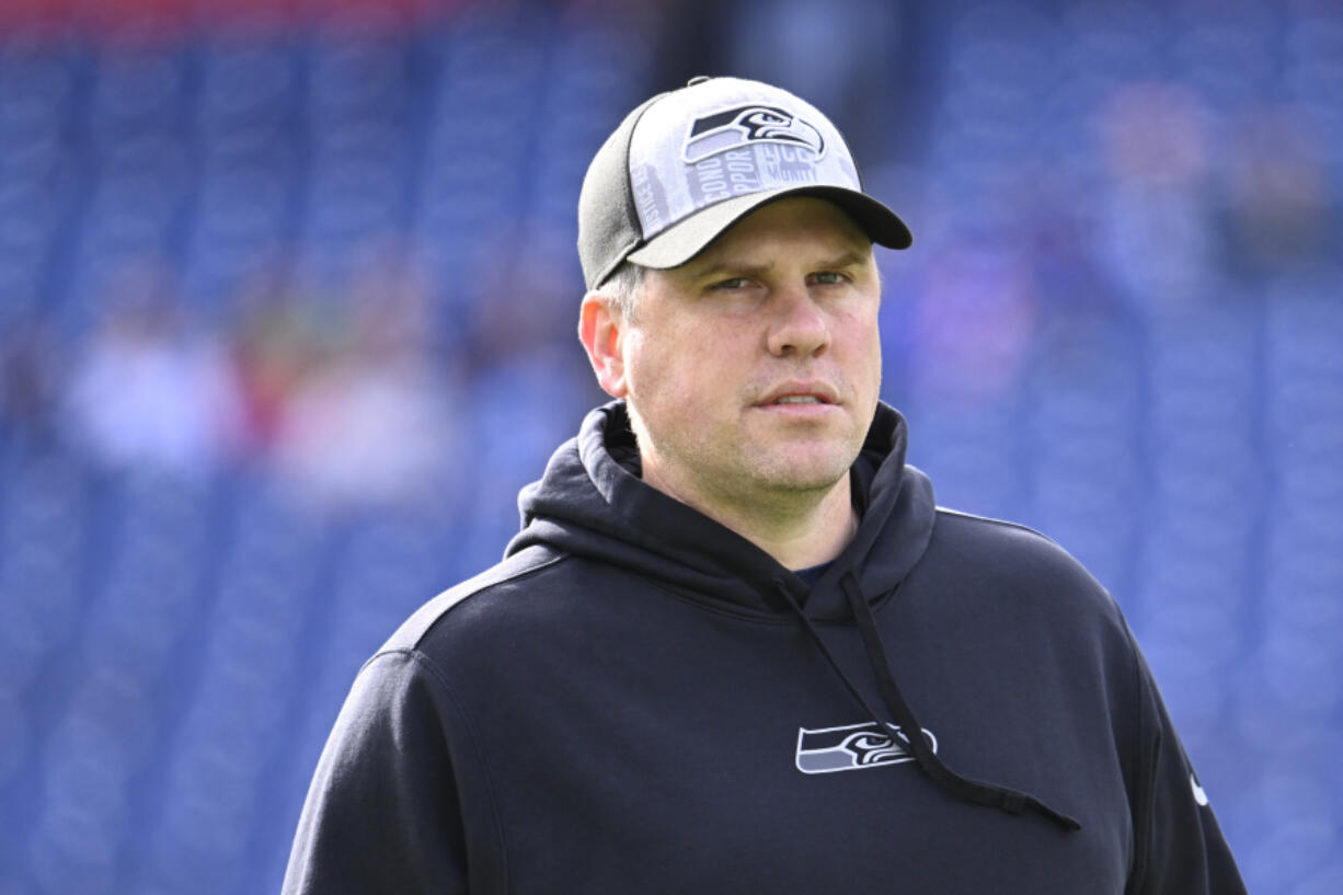 FILE - Seattle Seahawks offensive coordinator Shane Waldron before an NFL football game against the Tennessee Titans Sunday, Dec. 24, 2023, in Nashville, Tenn. The Chicago Bears hired Shane Waldron as their offensive coordinator on Tuesday, Jan. 23, 2024, hoping he can get the most out of Justin Fields or a new quarterback if they draft one with the No. 1 overall pick.