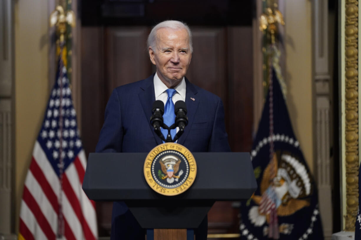 President Joe Biden speaks during a meeting of the National Infrastructure Advisory Council in the Indian Treaty Room on the White House campus, Wednesday, Dec. 13, 2023, in Washington.