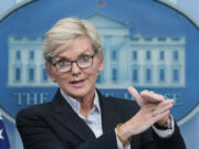 FILE - Energy Secretary Jennifer Granholm speaks during the daily briefing at the White House in Washington, Jan. 23, 2023. The Biden administration is delaying consideration of new natural gas export terminals in the United States, even as gas shipments to Europe and Asia have soared since Russia&rsquo;s invasion of Ukraine.