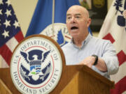 Secretary of Homeland Security Alejandro Mayorkas speaks at a news conference at the U.S. Border Patrol South Station in Eagle Pass, Texas, Monday, Jan. 8, 2024.