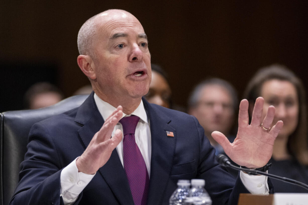 FILE - Homeland Security Secretary Alejandro Mayorkas testifies during a hearing of the Senate Appropriations Committee on Capitol Hill, Nov. 8, 2023, in Washington. House Republicans are marching ahead with impeachment plans, their sights on Mayorkas as &ldquo;derelict in his duty&rdquo; over handling of the U.S.-Mexico border.