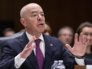 FILE - Homeland Security Secretary Alejandro Mayorkas testifies during a hearing of the Senate Appropriations Committee on Capitol Hill, Nov. 8, 2023, in Washington. House Republicans are marching ahead with impeachment plans, their sights on Mayorkas as &ldquo;derelict in his duty&rdquo; over handling of the U.S.-Mexico border.