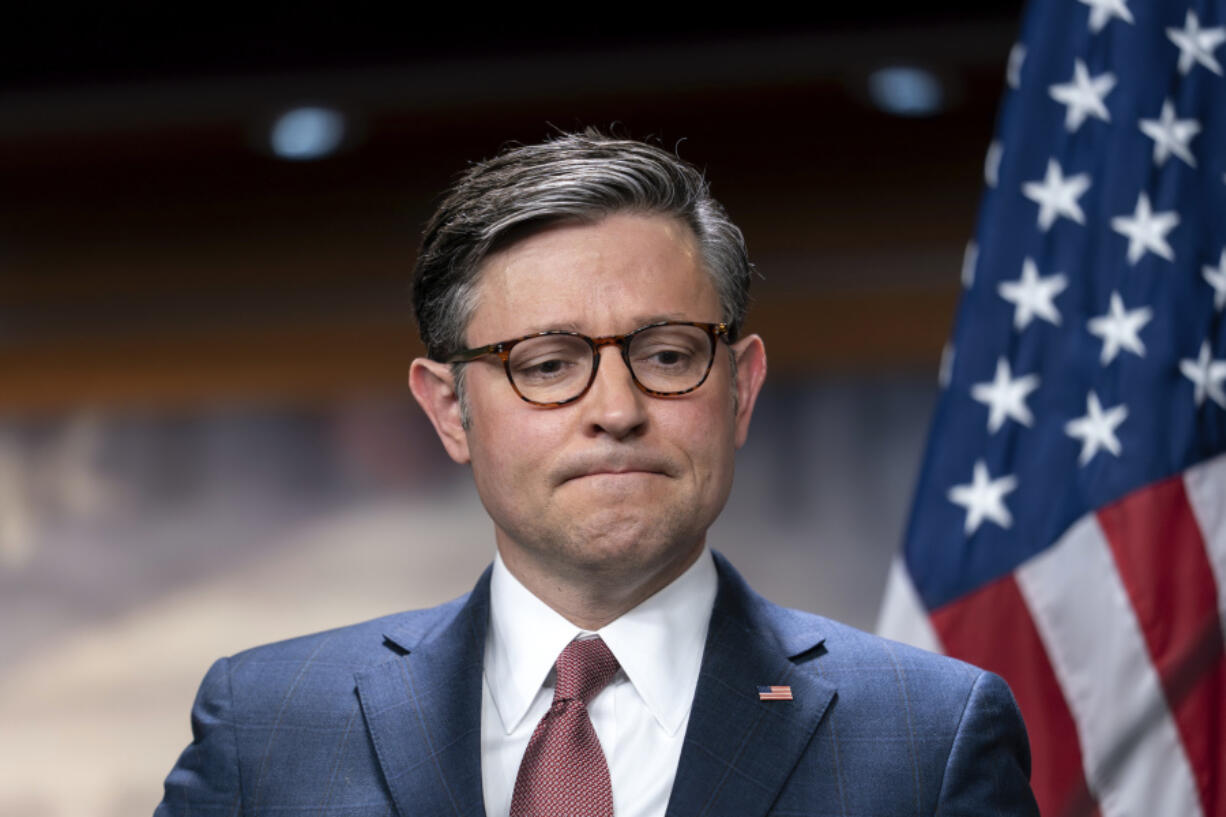 Speaker of the House Mike Johnson, R-La., pauses during a news conference at the Capitol in Washington, Wednesday, Jan. 10, 2024. House Republicans are off to a raucous start in their first week back in Washington after an extended holiday break. Some are openly criticizing new House Speaker Mike Johnson. Others helped sink a routine procedural vote to express their displeasure with topline spending levels that Johnson negotiated with Democrats for the current fiscal year.(AP Photo/J.