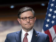 Speaker of the House Mike Johnson, R-La., pauses during a news conference at the Capitol in Washington, Wednesday, Jan. 10, 2024. House Republicans are off to a raucous start in their first week back in Washington after an extended holiday break. Some are openly criticizing new House Speaker Mike Johnson. Others helped sink a routine procedural vote to express their displeasure with topline spending levels that Johnson negotiated with Democrats for the current fiscal year.(AP Photo/J.