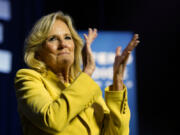 First lady Jill Biden speaks before President Joe Biden appears at an event on the campus of George Mason University in Manassas, Va., Tuesday, Jan. 23, 2024, to campaign for abortion rights, a top issue for Democrats in the upcoming presidential election.