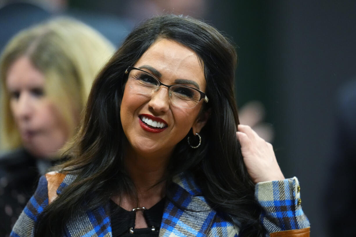 U.S. Rep. Lauren Boebert, R-Colo., greets attendees before the first Republican primary debate for the 4th Congressional district seat being vacated by Ken Buck Thursday, Jan. 25, 2024, in Fort Lupton, Colo.