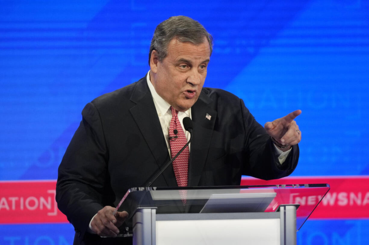 FILE - Republican presidential candidate former New Jersey Gov. Chris Christie gestures during a Republican presidential primary debate hosted by NewsNation, Dec. 6, 2023, at the Moody Music Hall at the University of Alabama in Tuscaloosa, Ala.