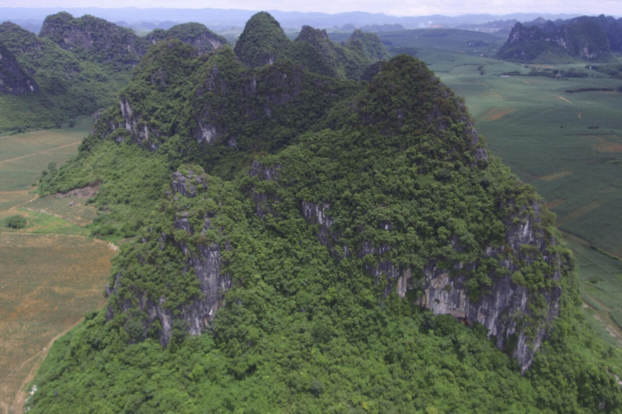 This photo provided by researchers shows a mountain where fossils of Gigantopithcus blacki were found in caves in the Guangxi region of southern China. The extinct species of great ape that once stood around 10 feet tall and weighed up to 650 pounds was likely driven to extinction by environmental changes, scientists in China and Australia report on Wednesday, Jan. 10, 2024 in the journal Nature.