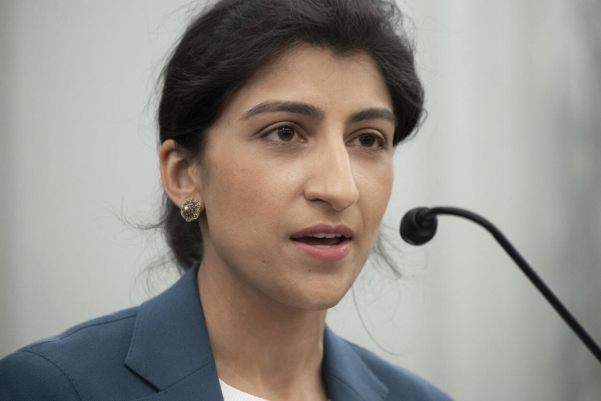 FILE - Lina Khan, the nominee for Commissioner of the Federal Trade Commission (FTC), speaks during a Senate Committee on Commerce, Science, and Transportation confirmation hearing, April 21, 2021 on Capitol Hill in Washington. U.S. antitrust enforcers are launching an inquiry into how big tech companies such as Microsoft, Amazon and Google are holding sway over artificial intelligence startups, Khan said Thursday, Jan. 25, 2024.