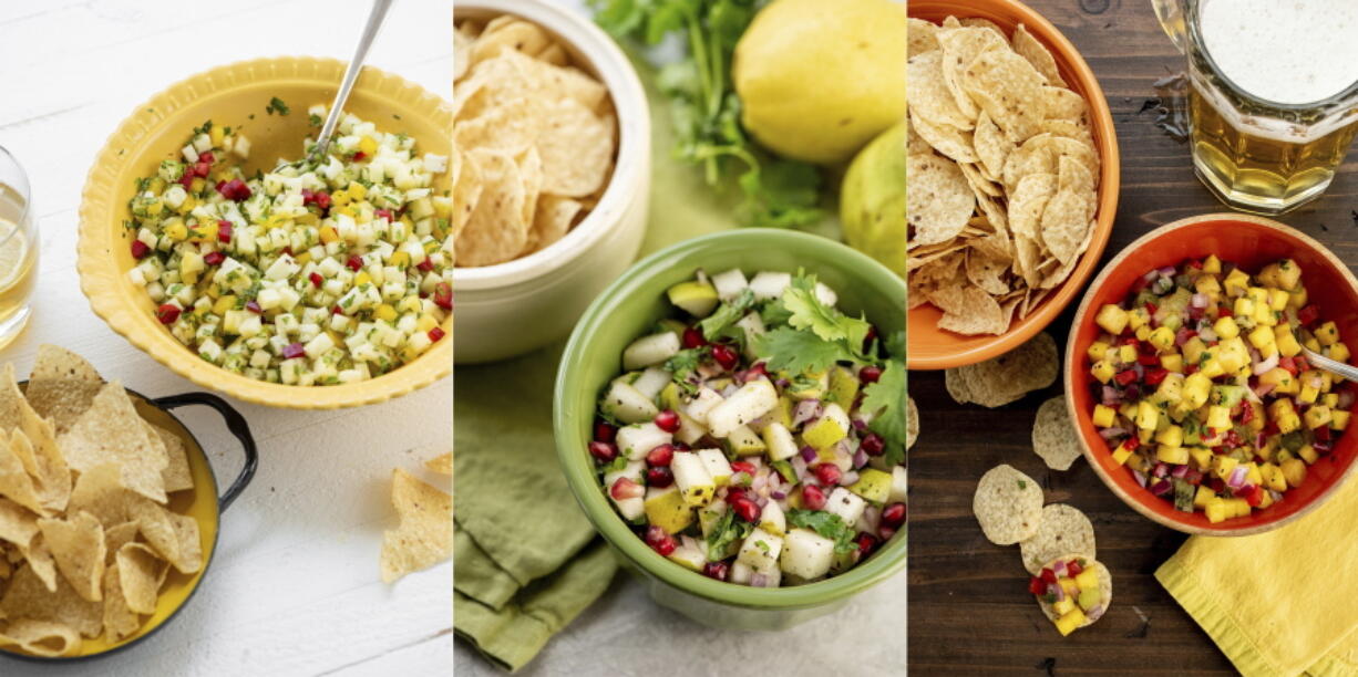 Salsa recipes, from left, pineapple mint jalapeno, spice pear and cilantro, and tropical fruit.