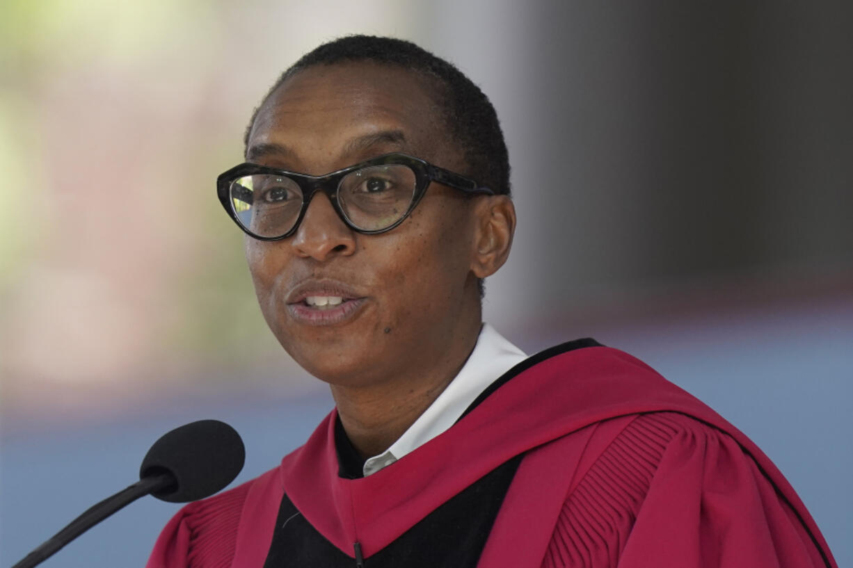 FILE - Then-Edgerley Family Dean of Harvard&#039;s Faculty of Arts and Sciences Claudine Gay addresses an audience during commencement ceremonies, May 25, 2023, on the school&#039;s campus in Cambridge, Mass. Gay, Harvard University&#039;s president, resigned Tuesday, Jan. 2, 2024, amid plagiarism accusations and criticism over testimony at a congressional hearing where she was unable to say unequivocally that calls on campus for the genocide of Jews would violate the school&rsquo;s conduct policy.