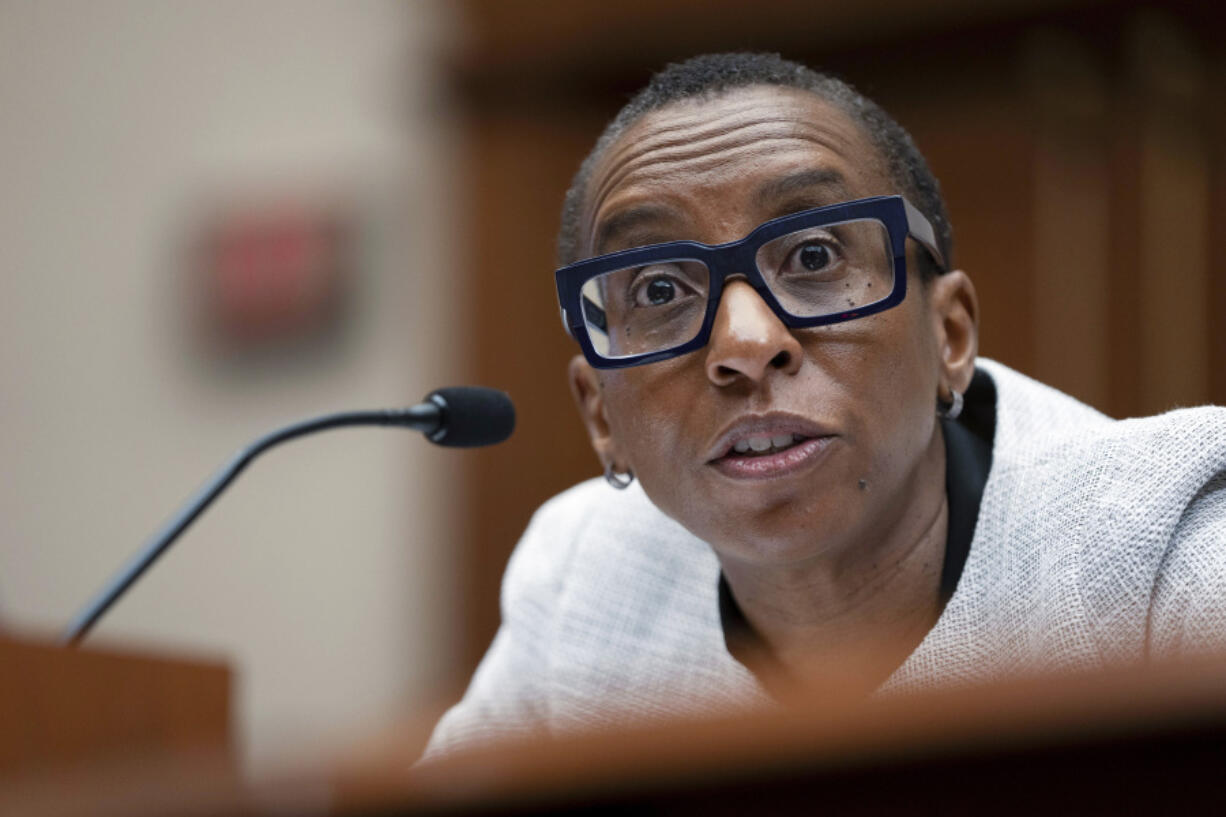 FILE - Harvard University President Claudine Gay speaks during a hearing of the House Committee on Education on Capitol Hill, Dec. 5, 2023, in Washington. Gay resigned Tuesday, Jan. 2, 2024, amid plagiarism accusations and criticism over testimony at a congressional hearing where she was unable to say unequivocally that calls on campus for the genocide of Jews would violate the school&rsquo;s conduct policy.