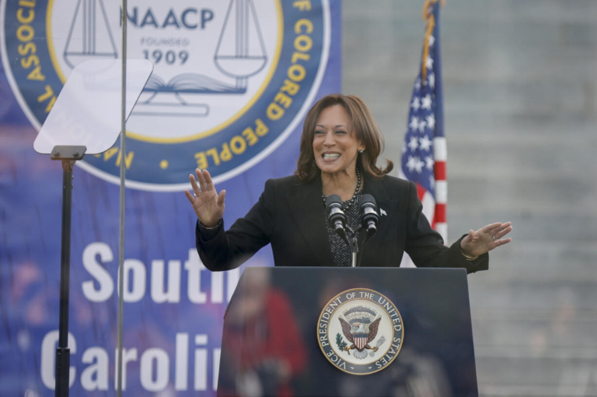 Vice President Kamala Harris speaks to a crowd gathered at the South Carolina State House on Monday Jan. 15, 2024.