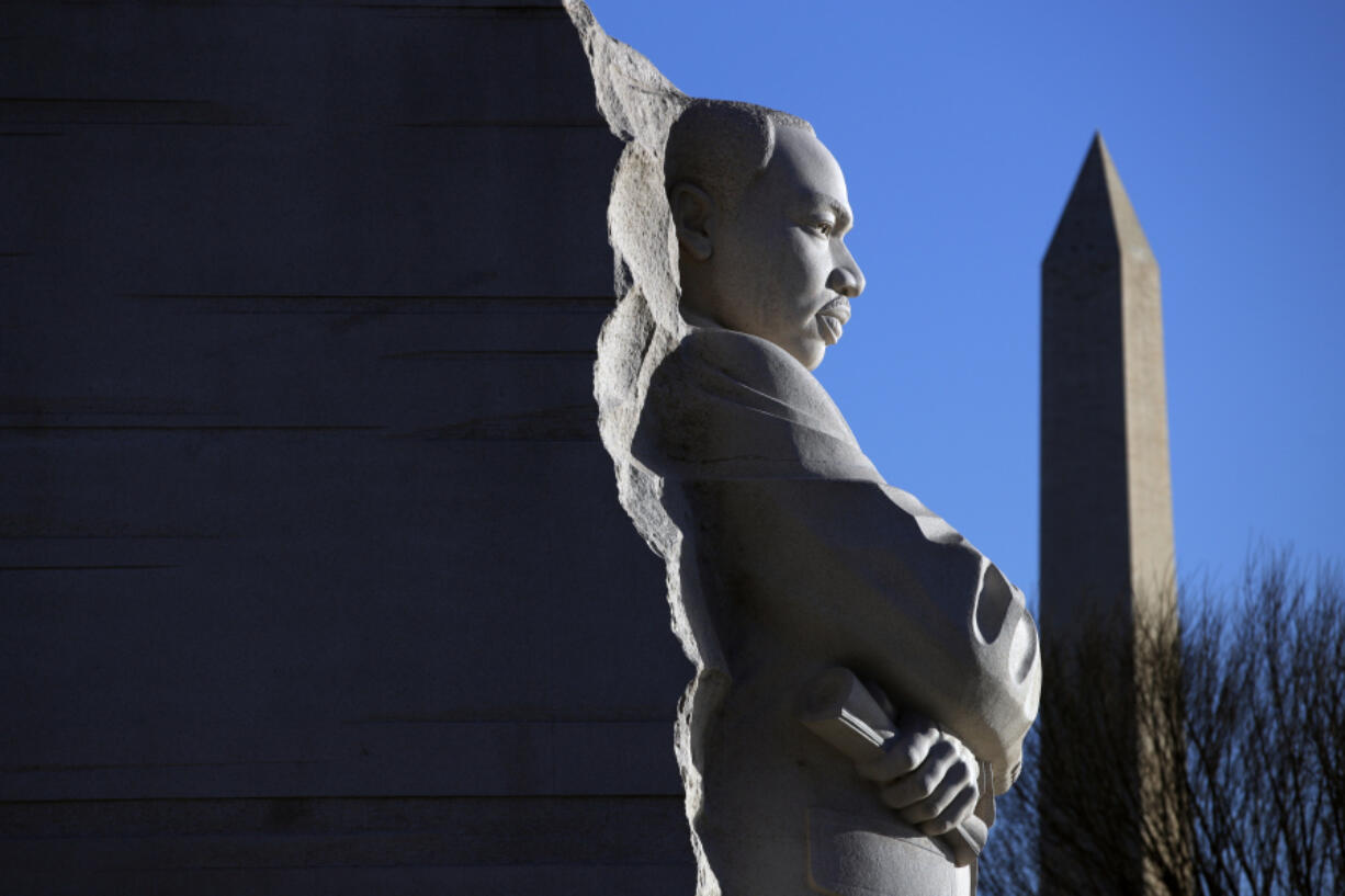 FILE - The Martin Luther King, Jr. Memorial with the Washington Monument in the background on Jan. 21, 2019, in Washington. In a nod to Martin Luther King&#039;s historic 1963 March on Washington, several Muslim American groups have organized what they are calling a &quot;March on Washington for Gaza&quot; to call for a ceasefire in the region.