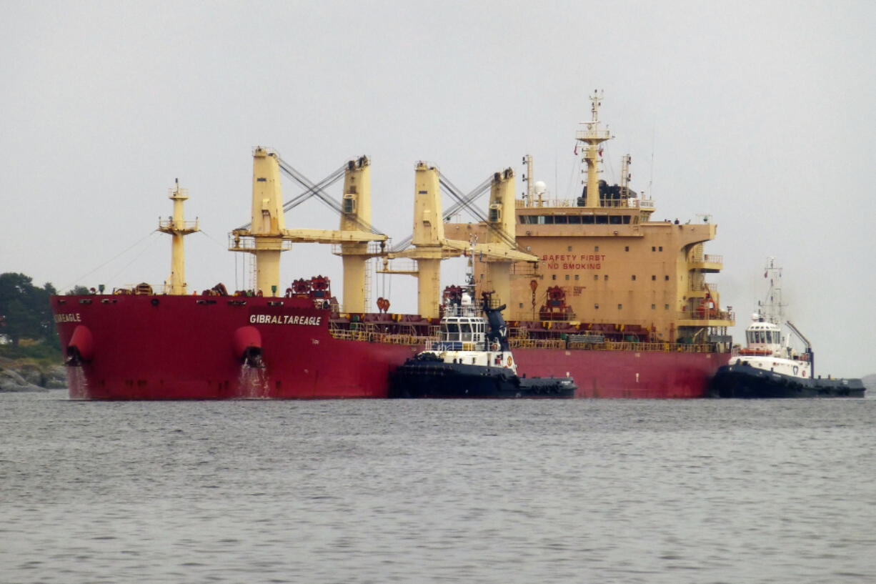 This file photo shows the bulk carrier Gibraltar Eagle off Kristiansand, Norway, on June 29, 2023.