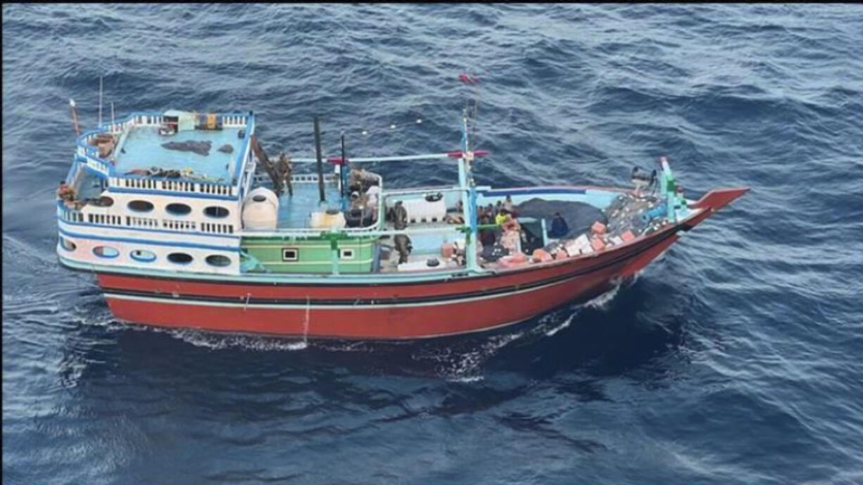 This undated photograph released by the U.S. military&#039;s Central Command shows what it is described as the vessel that carried Iranian-made missile components bound for Yemen&#039;s Houthi in the Arabian Sea. U.S. Navy SEALs seized Iranian-made missile parts and other weaponry from a ship bound for Yemen&#039;s Houthi rebels in a raid that saw two of its commandos go missing, the U.S. military said Tuesday, Jan. 16, 2024. (U.S.