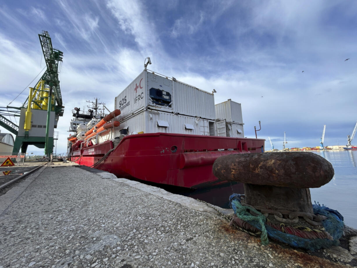 The Sos Mediterranee-run charity rescue ship, Ocean Viking, is moored in Bari, southern Italy, Monday, Jan. 8, 2024. The ship was detained by the Italian authorities with the accusation of not having followed the orders of the Italian coast guard. The year has gotten off to a slow start for the rescue ship that typically plies the Mediterranean Sea looking for migrants and refugees in distress.