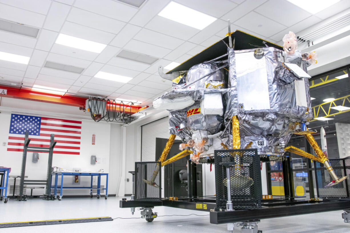 The Peregrine lunar lander is seen in October at Astrobotic Technology&rsquo;s facility in Pittsburgh. The expected launch date is Monday.