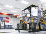 The Peregrine lunar lander is seen in October at Astrobotic Technology&rsquo;s facility in Pittsburgh. The expected launch date is Monday.