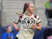FILE - Portland Thorns defender Becky Sauerbrunn (4) runs during the second half of an NWSL soccer match against the OL Reign, Saturday, June 3, 2023, in Seattle. Veteran defender Becky Sauerbrunn has signed a one-year contract that will keep her with the Portland Thorns of the National Women&rsquo;s Soccer League through the upcoming season. Terms of the contract announced Tuesday, Jan. 23, 2024 were not released.