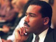 FILE - Dexter King, son of the late civil rights leader Martin Luther King Jr., listens to arguments in the State Court of Criminal Appeals in Jackson, Tenn., Friday, Aug. 29, 1997, to determine whether two Memphis judges have overstepped their authority surrounding the investigation of the King assassination. The King Center in Atlanta said the 62-year-old son of the civil rights leader died Monday, Jan. 22, 2024 at his California home after battling prostate cancer.