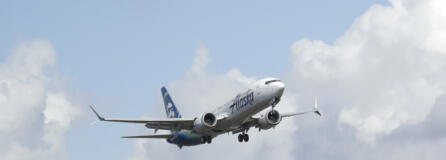 FILE - An Alaska Airlines Boeing 737-9 Max flies above Paine Field near Boeing&#039;s manufacturing facility in Everett, Wash., Monday, March 23, 2020, north of Seattle. A window panel blew out on a similar Alaska Airlines Boeing 737-9 Max seven minutes after takeoff from Portland, Ore., on Friday, Jan. 5, 2023. (AP Photo/Ted S.