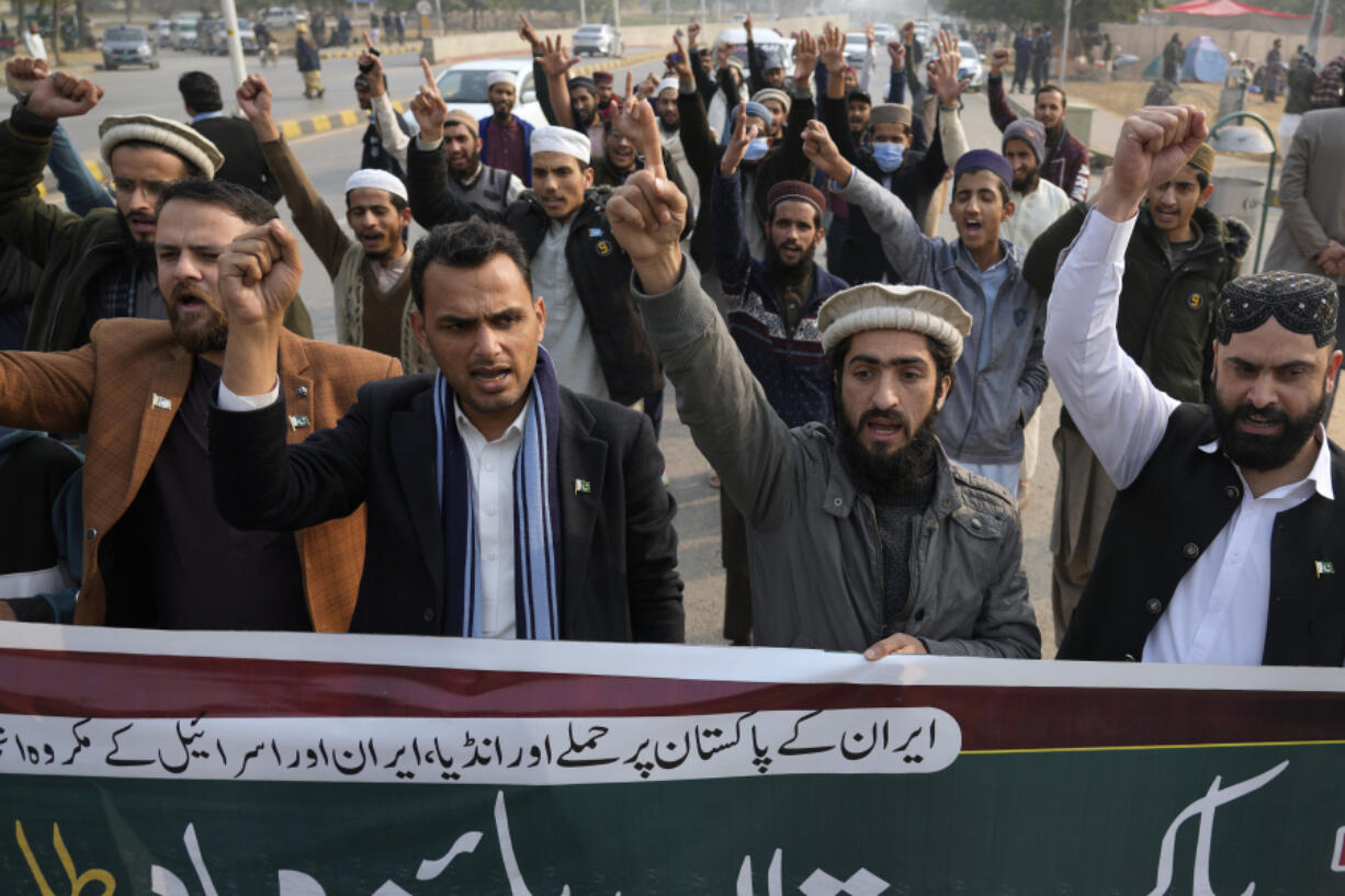 Members of Muslim Talba Mahaz Pakistan chant slogans at a demonstration to condemn Iran strike in the Pakistani border area, in Islamabad, Pakistan, Thursday, Jan. 18, 2024. Pakistan&rsquo;s air force launched retaliatory airstrikes early Thursday on Iran allegedly targeting militant positions, a deadly attack that further raised tensions between the neighboring nations.