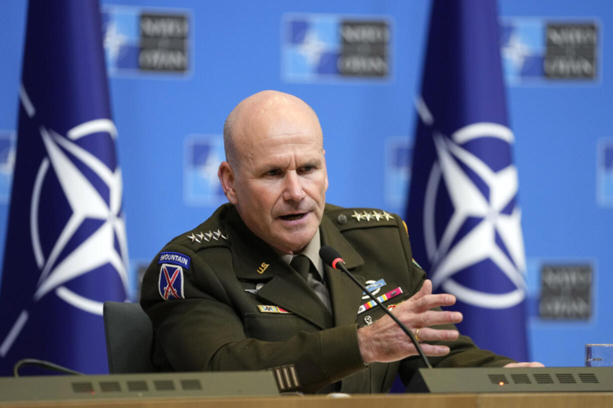 Supreme Allied Commander Europe, General Christopher Cavoli addresses a media conference at NATO headquarters in Brussels, Thursday, Jan. 18, 2024. Ukraine is locked in an existential battle for its survival almost two years into its war with Russia and Western armies and political leaders must drastically change the way they help it fend off invading forces, a top NATO military officer warned on Wednesday.