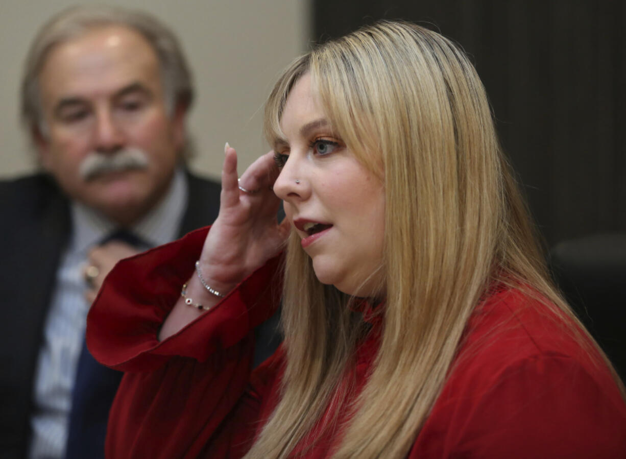 Abby Zwerner, a teacher who was shot by a 6-year-old student at Richneck Elementary School in Newport News, Va., talks to a reporter Wednesday in Virginia Beach, Va. (stephen m.