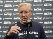 Seattle Seahawks head coach Pete Carroll answers a question during a news conference after an NFL football game against the Arizona Cardinals Sunday, Jan. 7, 2024, in Glendale, Ariz. The Seahawks won 21-20. (AP Photo/Ross D.