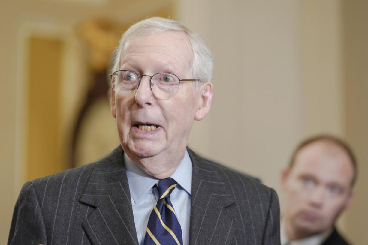 Sen. Minority Leader Mitch McConnell, R-Ky., speaks at a news conference after a policy luncheon on Capitol Hill Wednesday, Jan. 17, 2024, in Washington.