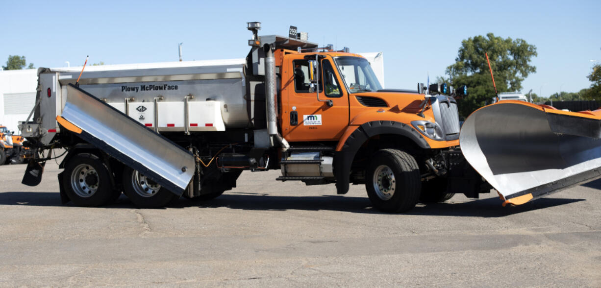 This image provided by the Minnesota Department of Transportation shows Plowy McPlowFace in St. Paul, Minn. Snowplows are essential to enduring winter in Minnesota, so maybe it&rsquo;s not surprising that every year thousands of people vote on names for the giant machines &mdash; everything from Plowy McPlowFace to Darth Blader. The often-icy state began naming its 800 plows in 2020 and will announce winners of its 2023-2024 Name a Snowplow contest next week, adding eight selections to more than three dozen names that already grace trucks already rumbling down the state&rsquo;s roads.