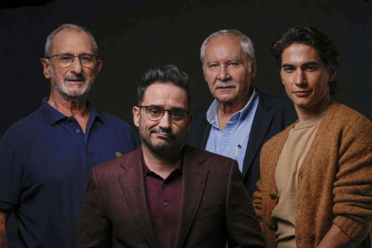 From left, Gustavo Zerbino, director J. A. Bayona, writer Pablo Vierci, and actor Enzo Vogrincic pose for a portrait to promote the film &ldquo;Society of the Snow&rdquo; on Friday, Oct. 27, 2023, in Los Angeles.