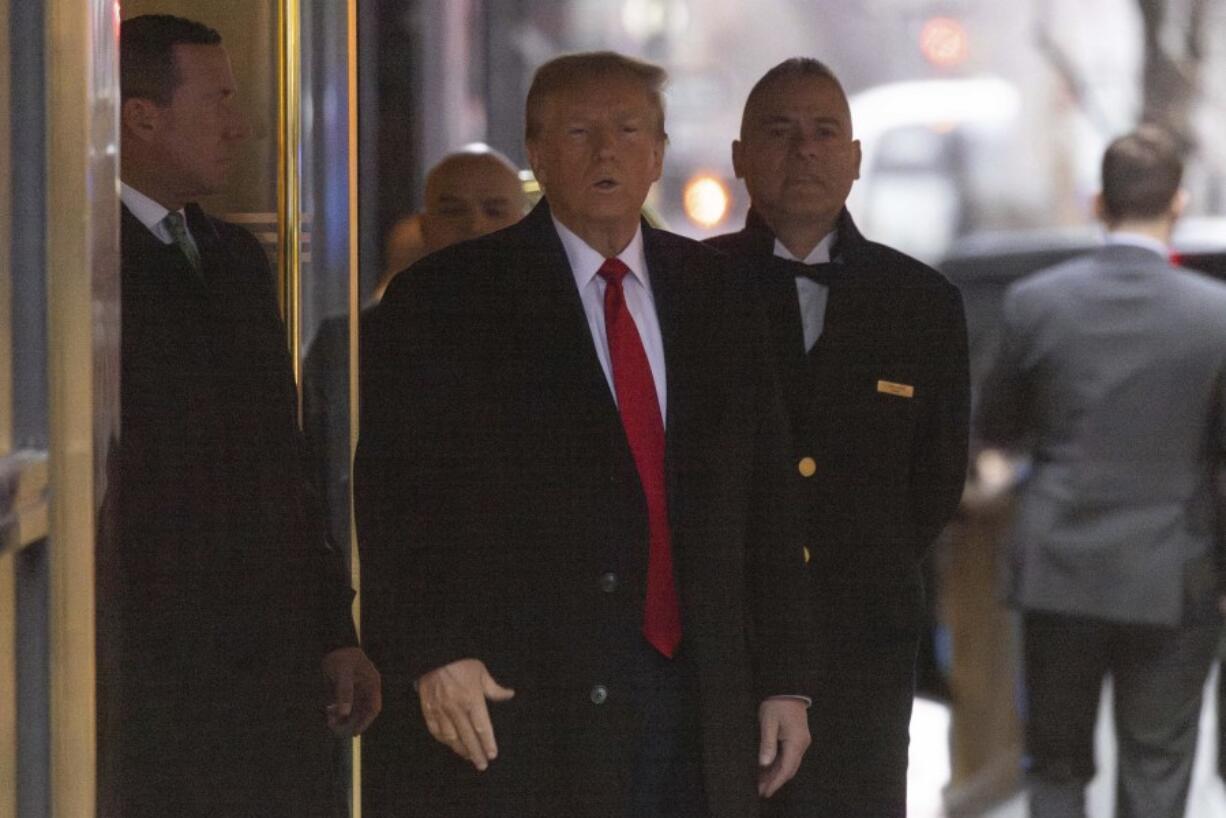 Former President Donald Trump leaves his apartment building, Friday, Jan 26, 2024, in New York.  Closing arguments are to begin Friday in the defamation case against Trump a day after the former president left a New York courtroom fuming that he hadn&rsquo;t been given an opportunity to refute E. Jean Carroll&rsquo;s sexual abuse accusations.