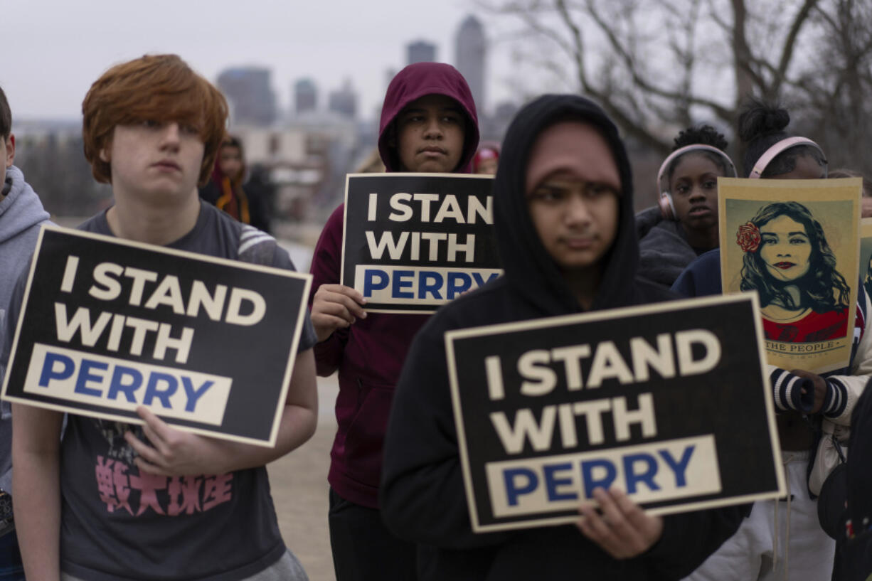 Students and supporters gather to protest gun violence during the opening day of the Iowa Legislature, Monday, Jan. 8, 2024, at the Capitol in Des Moines, Iowa. The school walkout and protest were organized by March For Our Lives Iowa in reaction to a school shooting in Perry, Iowa, in which a 17-year-old killed a sixth-grade student and wounded seven other people before authorities say he died of a self-inflicted gunshot wound.