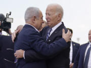 FILE - President Joe Biden is greeted by Israeli Prime Minister Benjamin Netanyahu after arriving at Ben Gurion International Airport, on Oct. 18, 2023, in Tel Aviv. Biden&#039;s administration keeps pressing Israel for better treatment of Palestinians. Netanyahu mostly keeps saying no. That cycle seems unlikely to end, despite U.S. Secretary of State Antony Blinken&#039;s fourth urgent diplomatic trip this week to the Middle East since the Israel-Hamas war started.