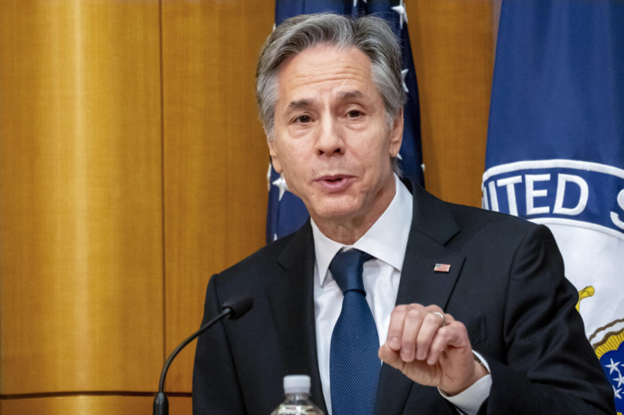 FILE - Secretary of State Antony Blinken speaks at the State Department, Dec.